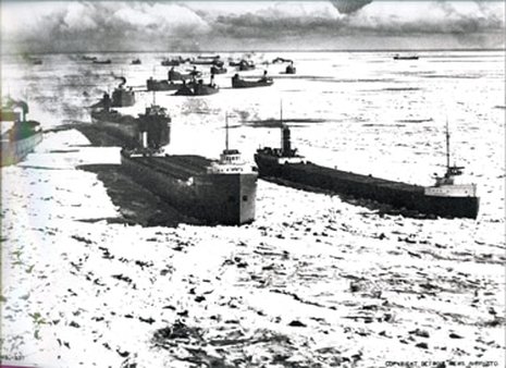 Barges on an ice covered river